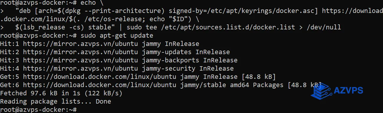 thêm repository Docker vào apt sources và chạy update