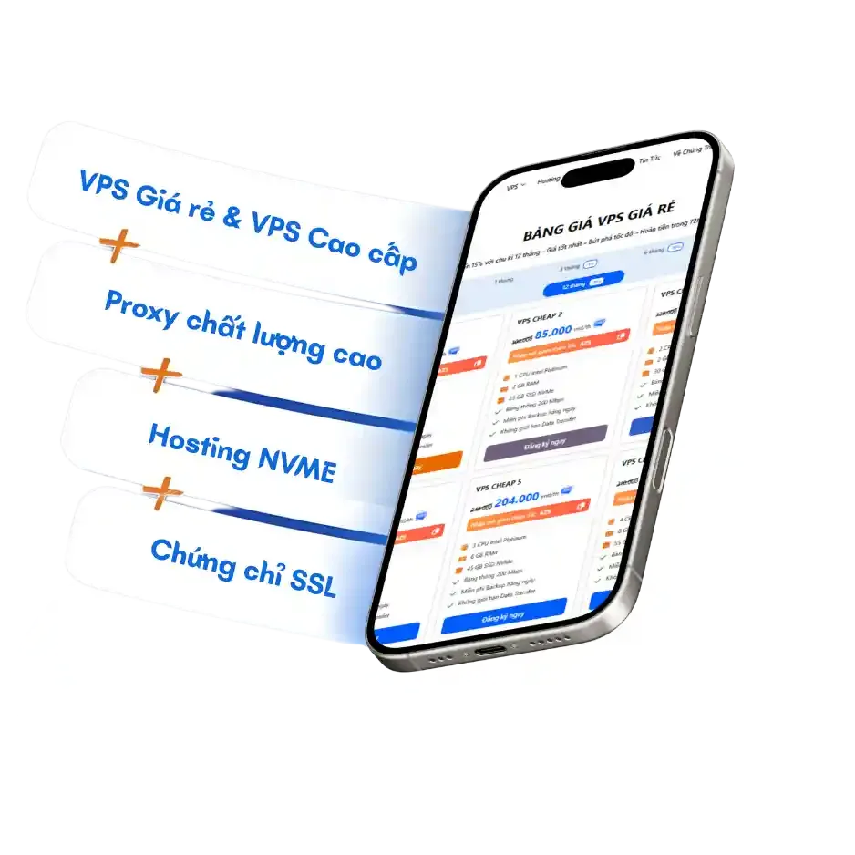 Bảng giá dịch vụ AZVPS trên điện thoại — VPS, Proxy, Hosting NVMe, SSL