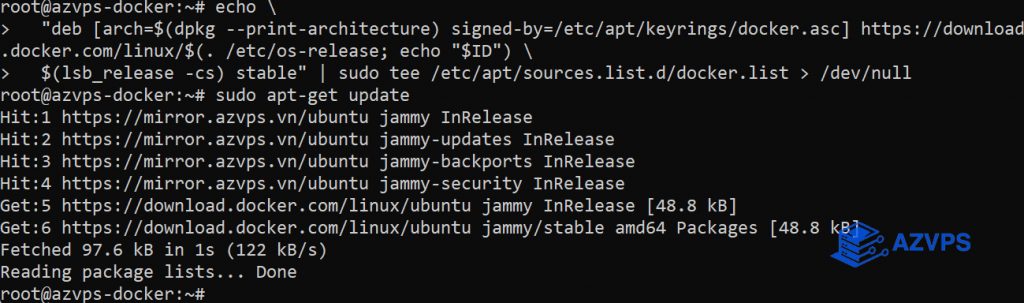 thêm repository Docker vào apt sources và chạy update
