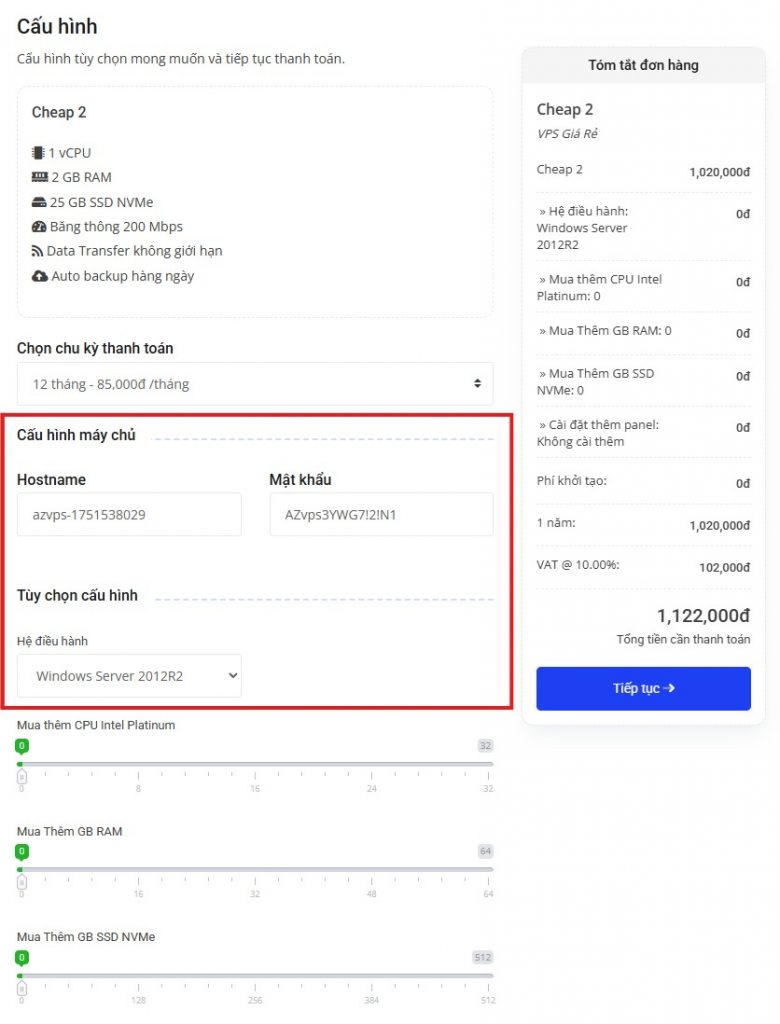 Hoàn tất thông tin để mua VPS