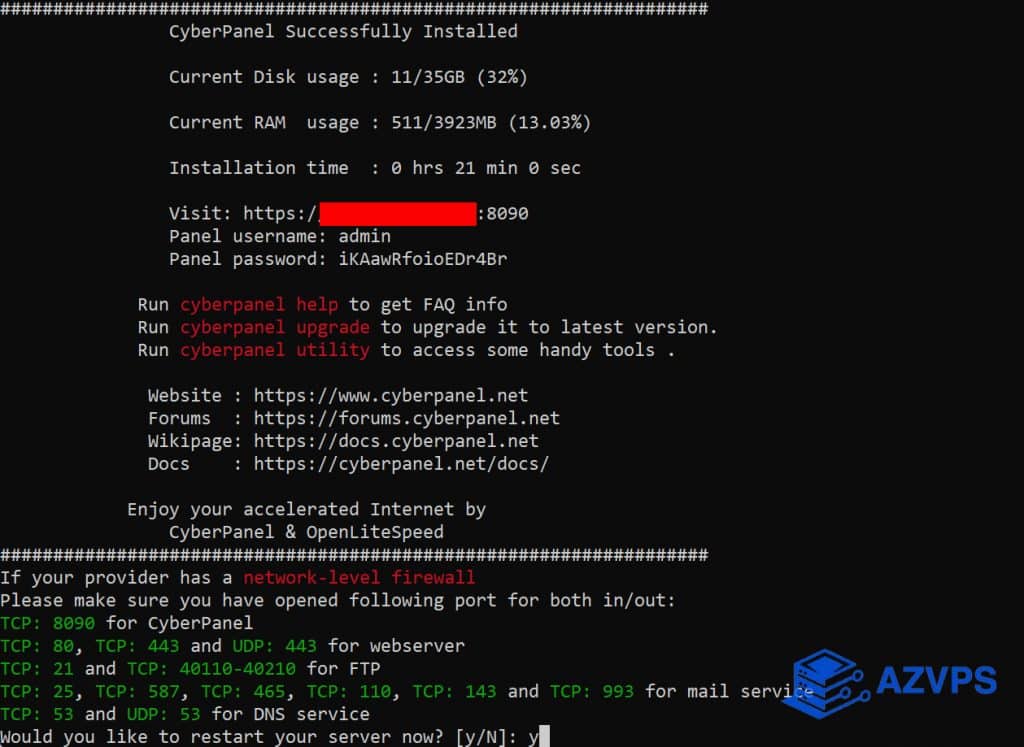 Thông tin đăng nhập CyberPanel và khởi động lại VPS